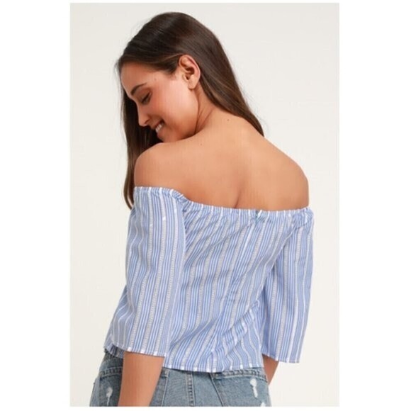 Lulu's Beyond Belief Blue Striped Knot Front Off-The-Shoulder Top Size S - Picture 2 of 10
